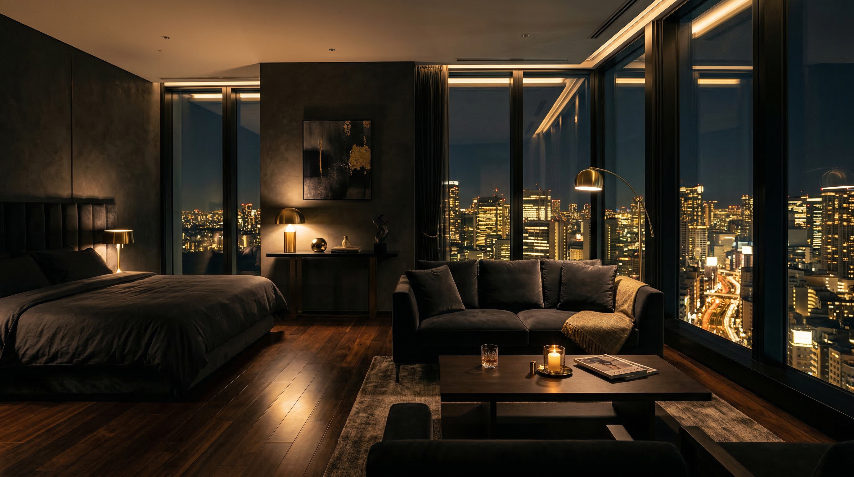 Luxury hotel suite at night